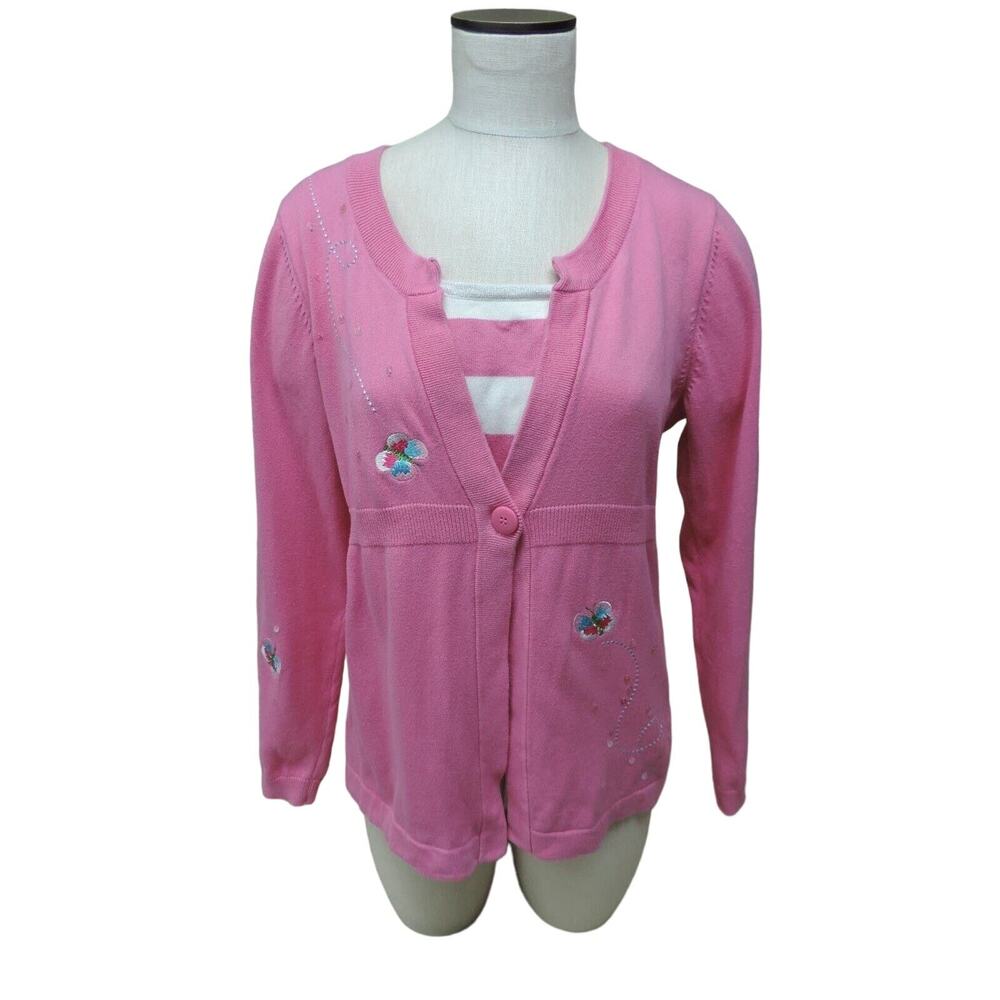 Quacker Factory women's size M sweater pink crew neck knit butterfly cardigan